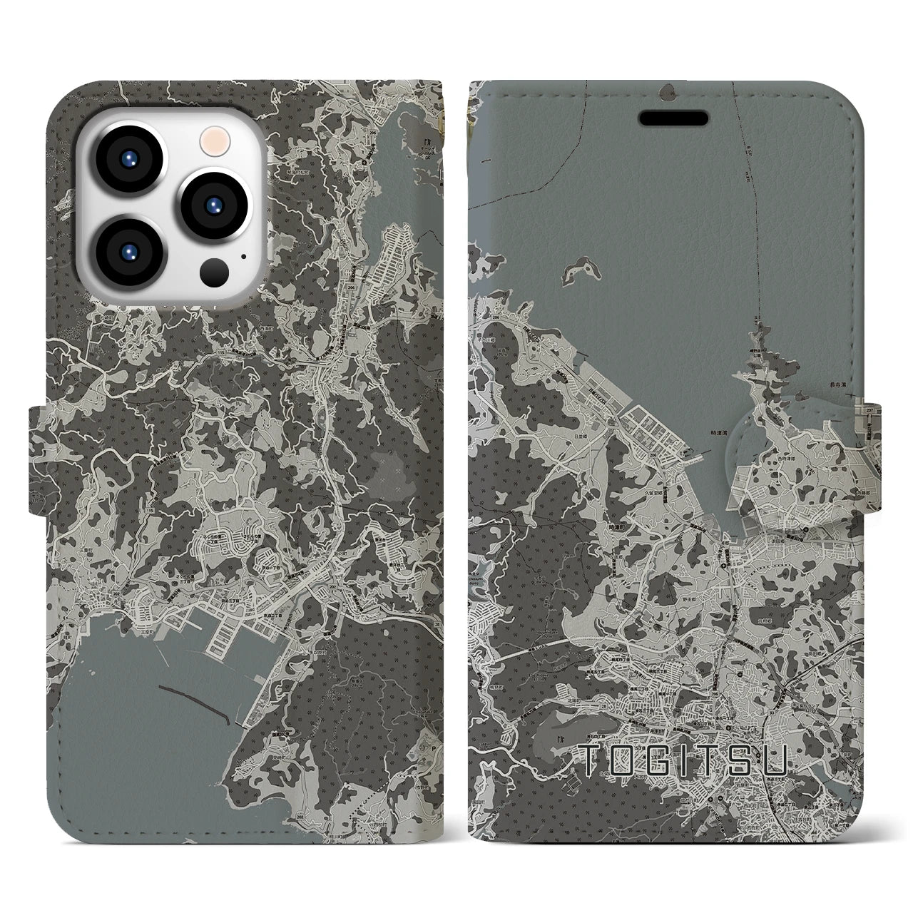 【時津(長崎県)】地図柄iPhoneケース(手帳タイプ)モノトーン・iPhone 13 Pro 用