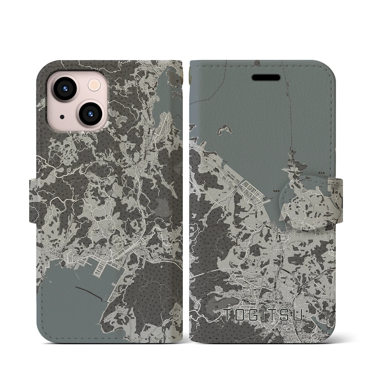 【時津(長崎県)】地図柄iPhoneケース(手帳タイプ)モノトーン・iPhone 13 mini 用