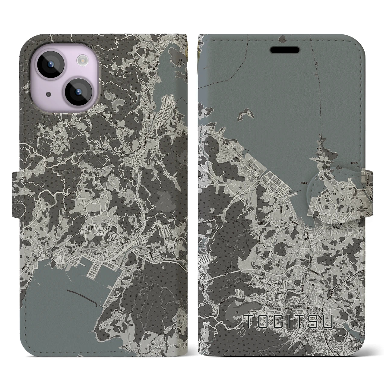 【時津(長崎県)】地図柄iPhoneケース(手帳タイプ)モノトーン・iPhone 14 用