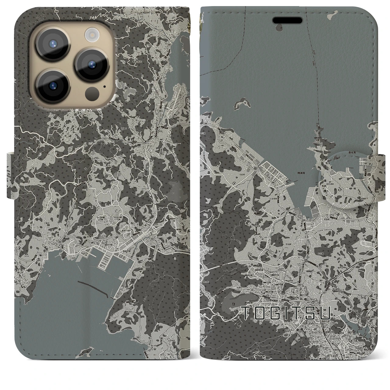 【時津(長崎県)】地図柄iPhoneケース(手帳タイプ)モノトーン・iPhone 14 Pro Max 用