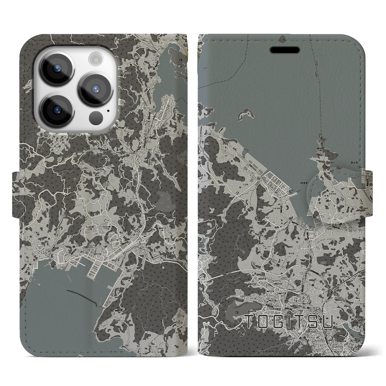 【時津(長崎県)】地図柄iPhoneケース(手帳タイプ)モノトーン・iPhone 14 Pro 用