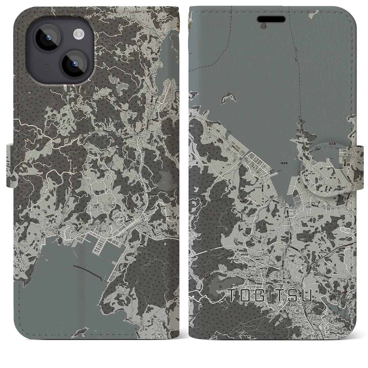 【時津(長崎県)】地図柄iPhoneケース(手帳タイプ)モノトーン・iPhone 14 Plus 用