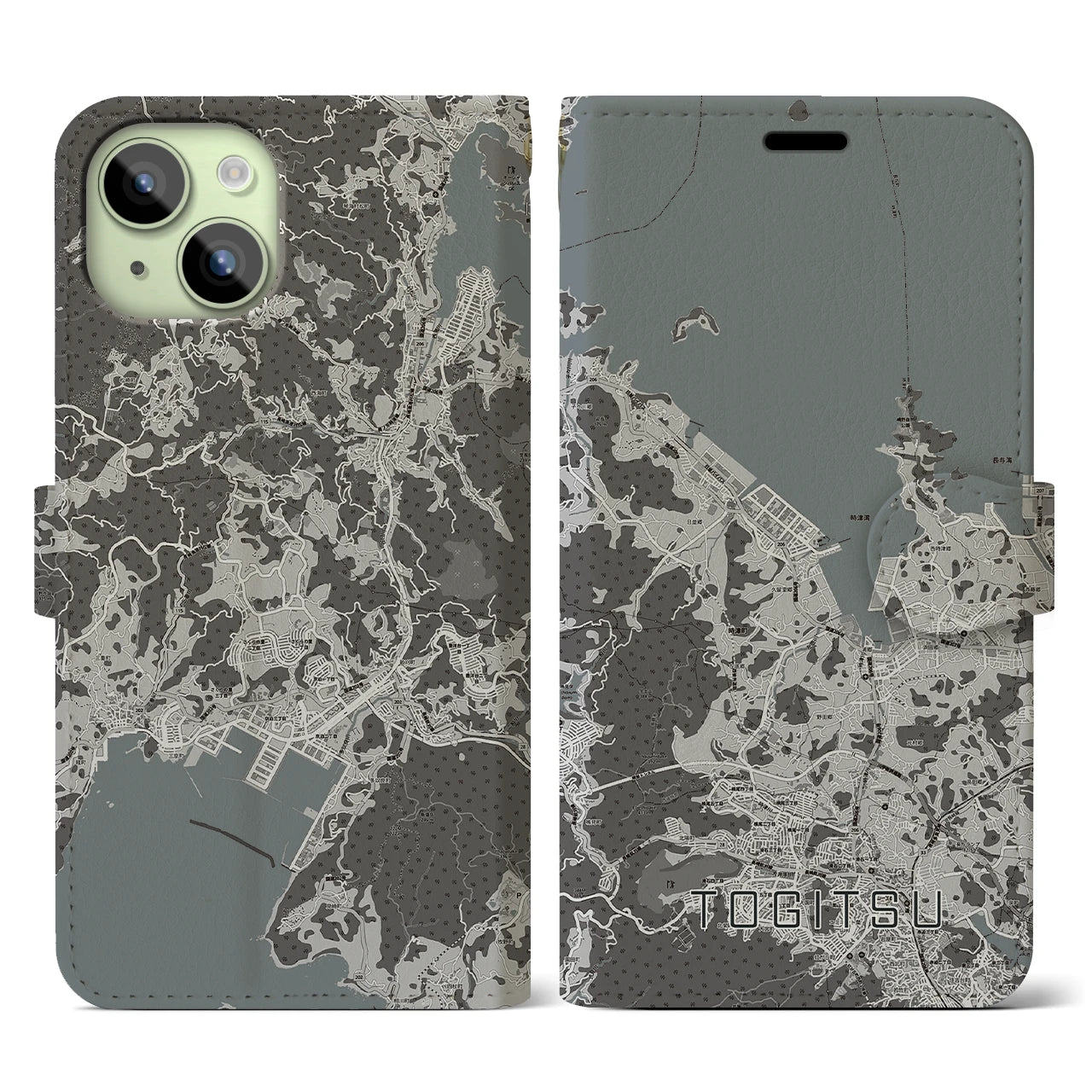 【時津(長崎県)】地図柄iPhoneケース(手帳タイプ)モノトーン・iPhone 15 用