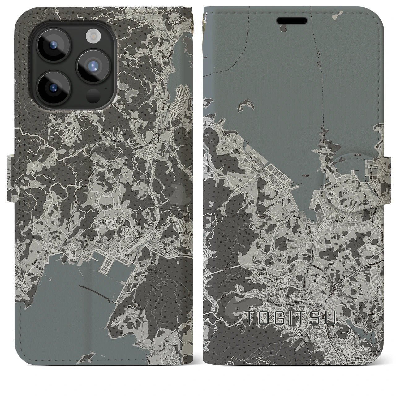 【時津(長崎県)】地図柄iPhoneケース(手帳タイプ)モノトーン・iPhone 15 Pro Max 用