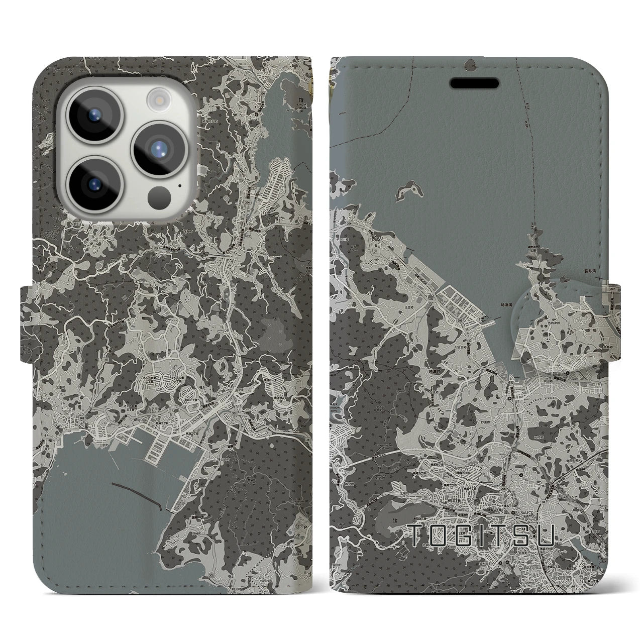 【時津(長崎県)】地図柄iPhoneケース(手帳タイプ)モノトーン・iPhone 15 Pro 用