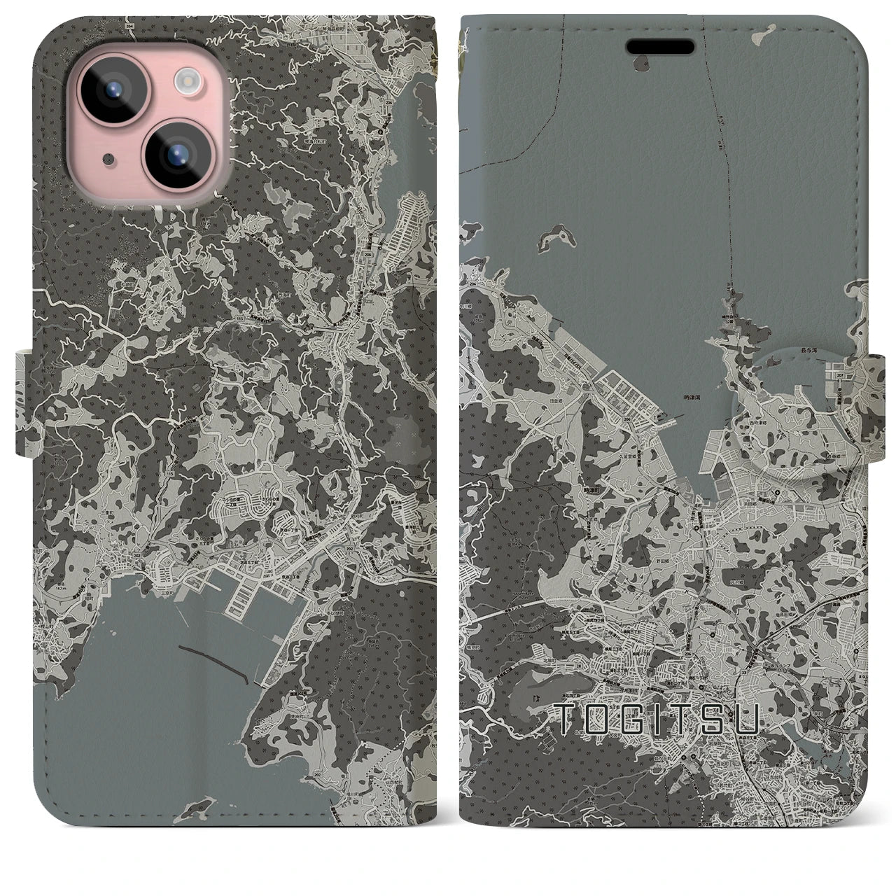 【時津(長崎県)】地図柄iPhoneケース(手帳タイプ)モノトーン・iPhone 15 Plus 用