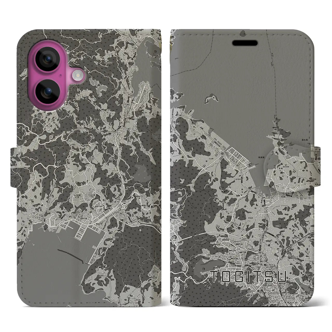 【時津(長崎県)】地図柄iPhoneケース(手帳タイプ)モノトーン・iPhone 16 Pro 用