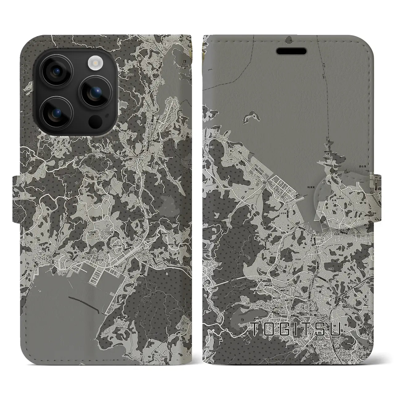 【時津(長崎県)】地図柄iPhoneケース(手帳タイプ)モノトーン・iPhone 16 用