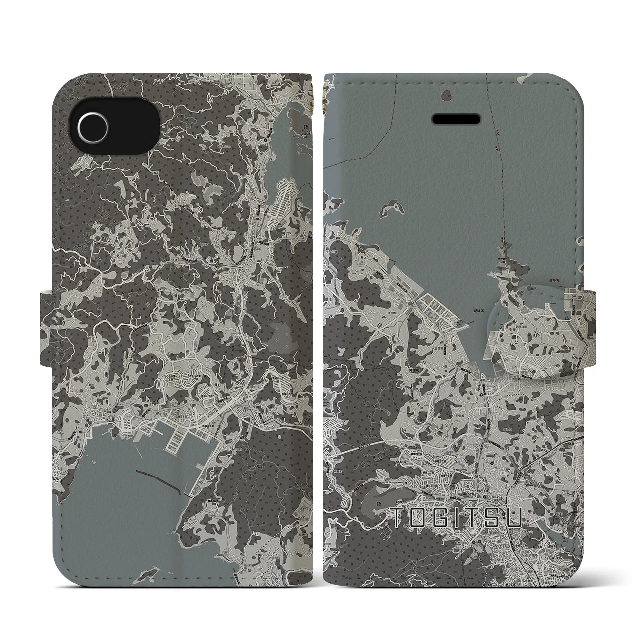 【時津(長崎県)】地図柄iPhoneケース(手帳タイプ)モノトーン・iPhone SE(第3 / 第2世代) / 8 / 7 / 6s / 6 用