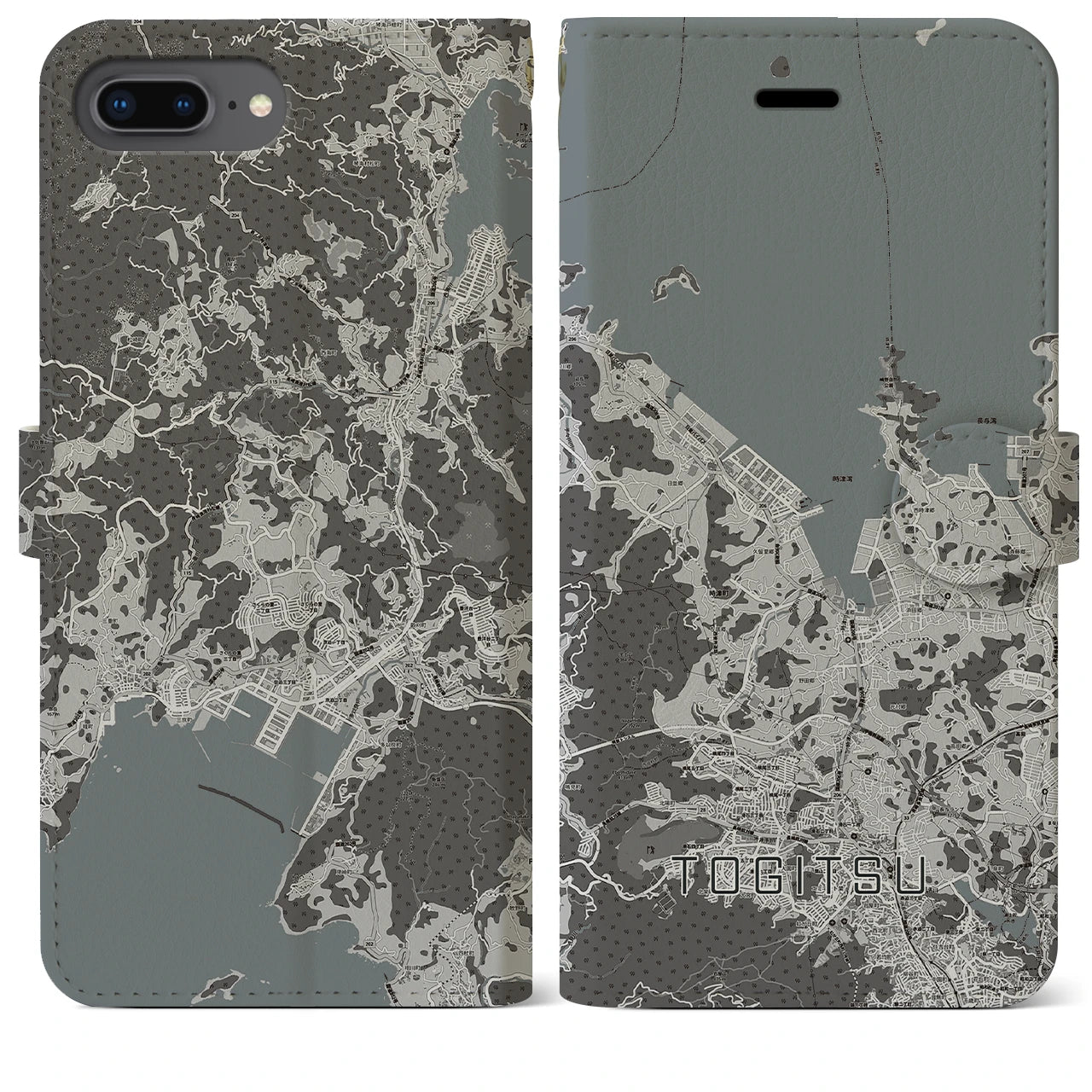 【時津(長崎県)】地図柄iPhoneケース(手帳タイプ)モノトーン・iPhone 8Plus /7Plus / 6sPlus / 6Plus 用