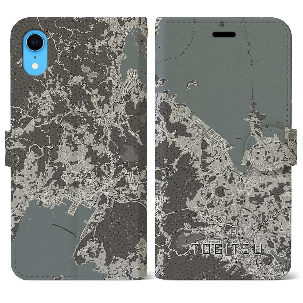 【時津(長崎県)】地図柄iPhoneケース(手帳タイプ)モノトーン・iPhone XR 用