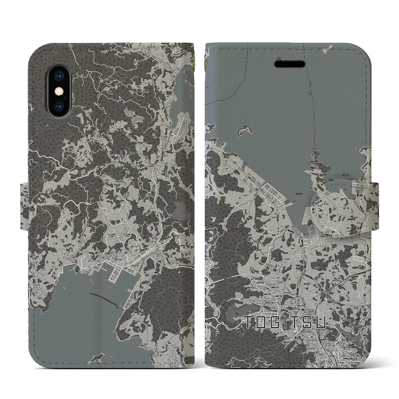 【時津(長崎県)】地図柄iPhoneケース(手帳タイプ)モノトーン・iPhone XS / X 用