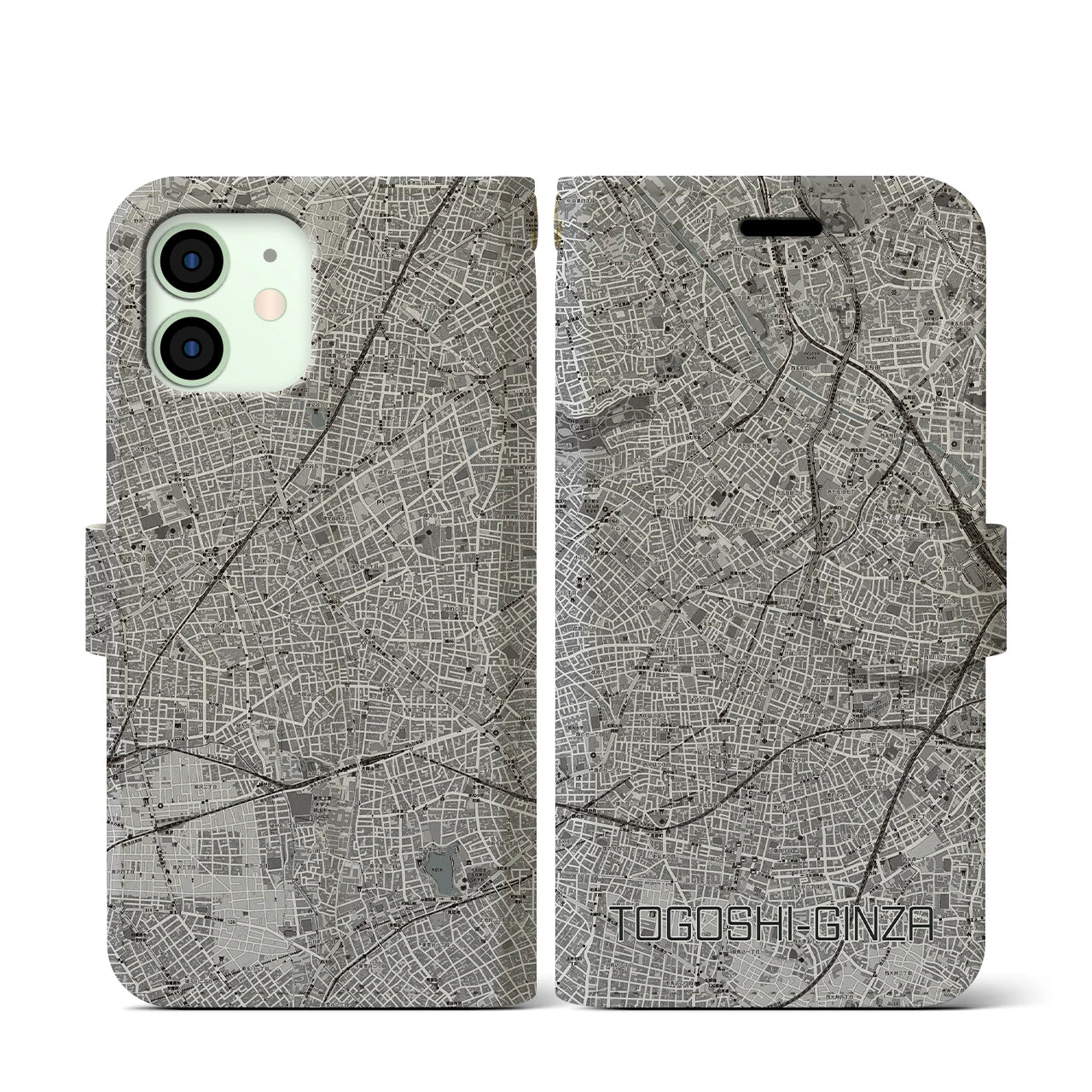 【戸越銀座(東京都)】地図柄iPhoneケース(手帳タイプ)モノトーン・iPhone 12 mini 用