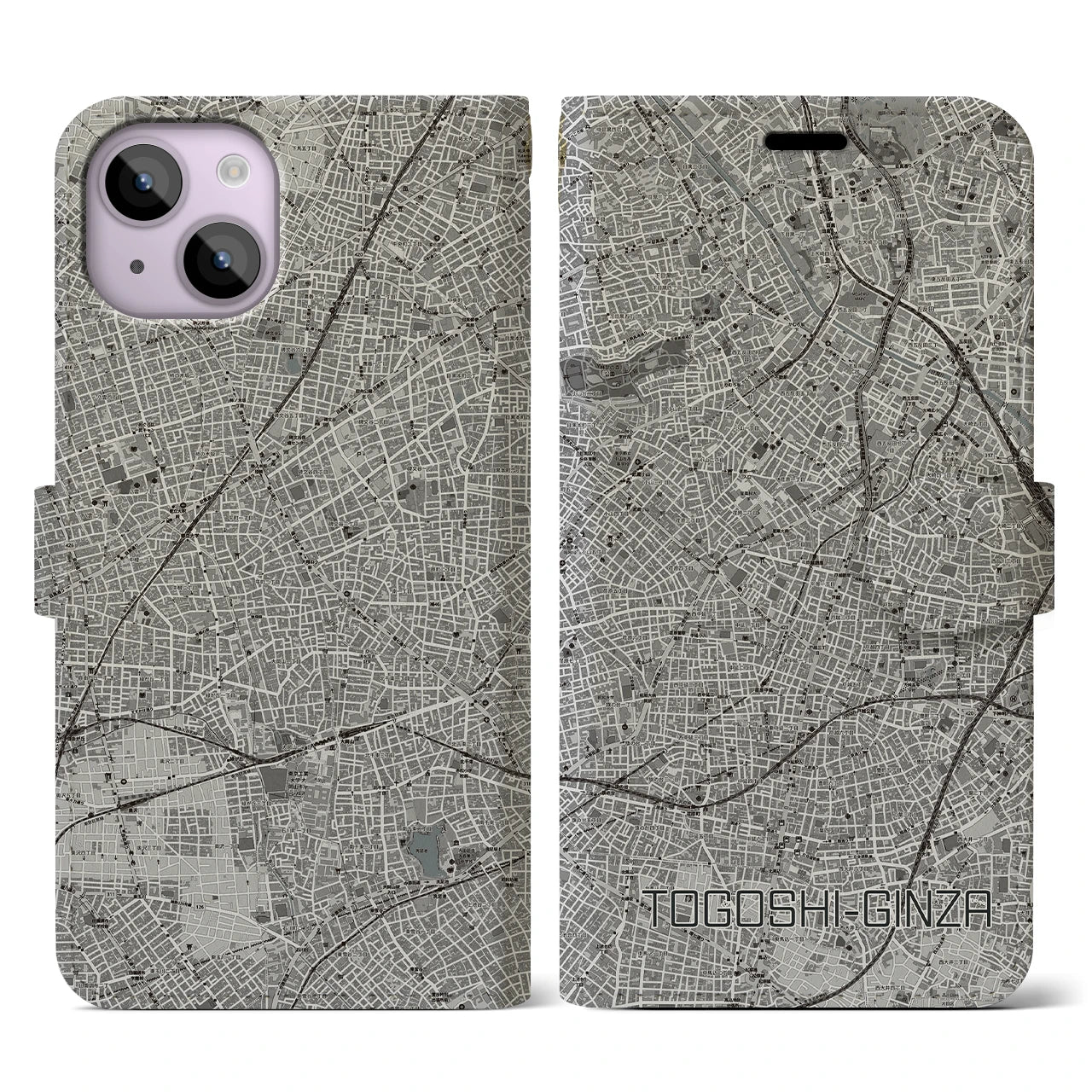 【戸越銀座(東京都)】地図柄iPhoneケース(手帳タイプ)モノトーン・iPhone 14 用