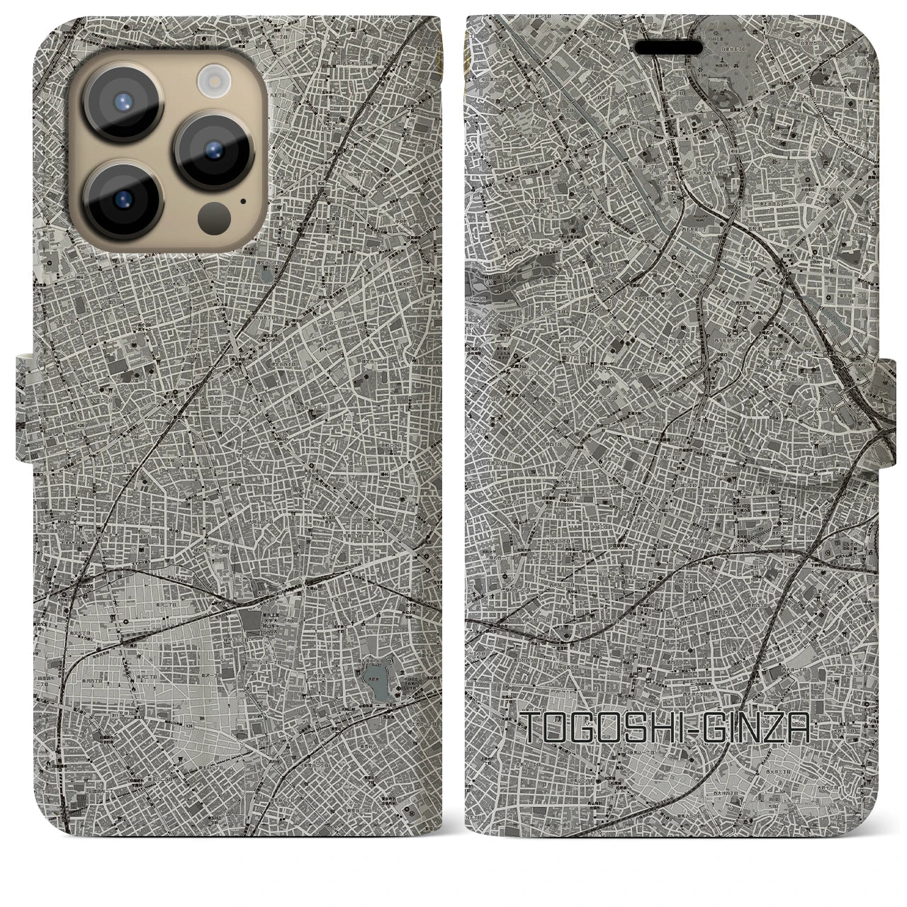 【戸越銀座(東京都)】地図柄iPhoneケース(手帳タイプ)モノトーン・iPhone 14 Pro Max 用