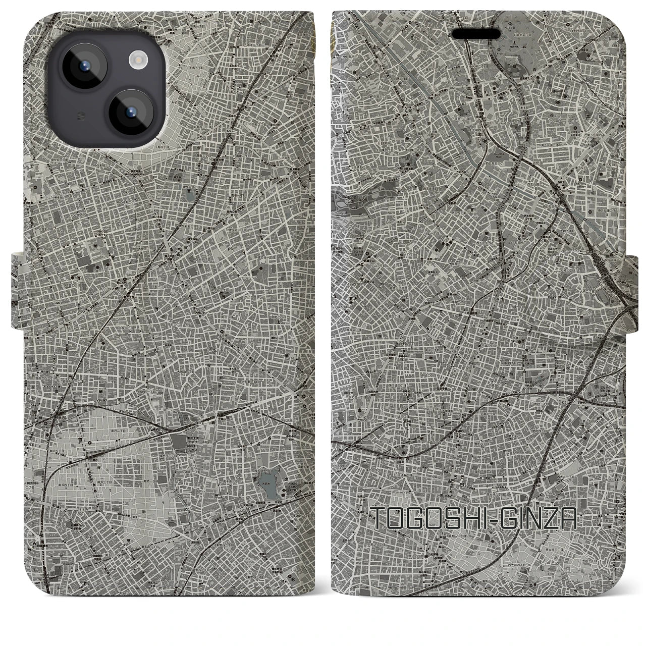 【戸越銀座(東京都)】地図柄iPhoneケース(手帳タイプ)モノトーン・iPhone 14 Plus 用