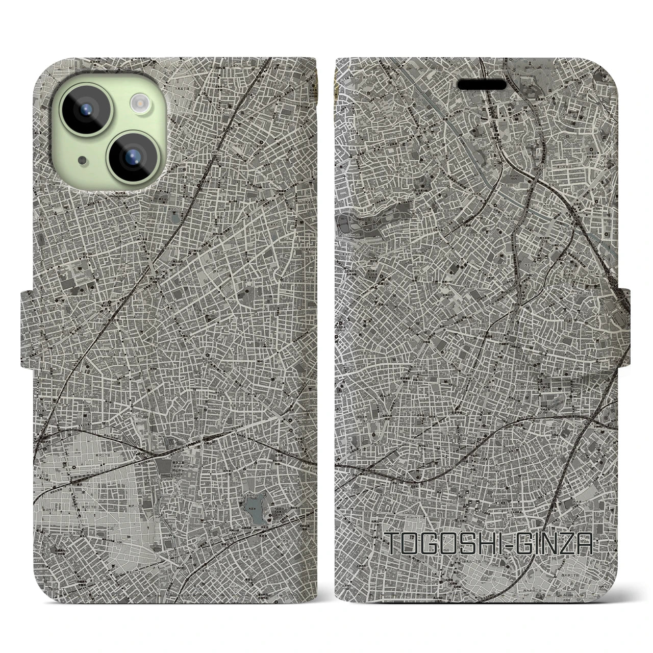 【戸越銀座(東京都)】地図柄iPhoneケース(手帳タイプ)モノトーン・iPhone 15 用
