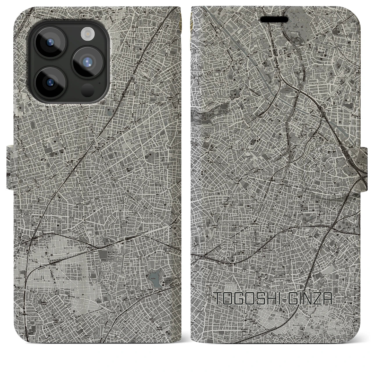 【戸越銀座(東京都)】地図柄iPhoneケース(手帳タイプ)モノトーン・iPhone 15 Pro Max 用