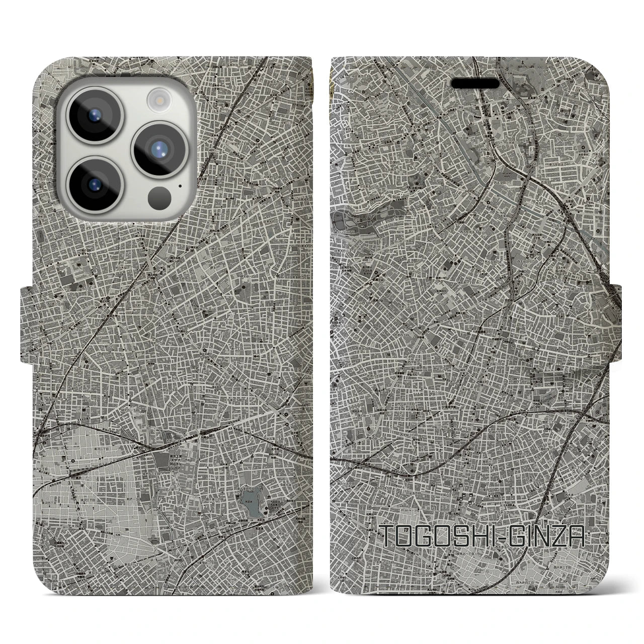 【戸越銀座(東京都)】地図柄iPhoneケース(手帳タイプ)モノトーン・iPhone 15 Pro 用