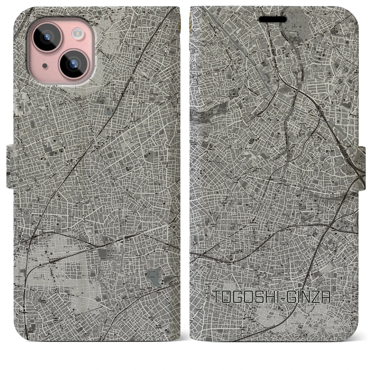 【戸越銀座(東京都)】地図柄iPhoneケース(手帳タイプ)モノトーン・iPhone 15 Plus 用