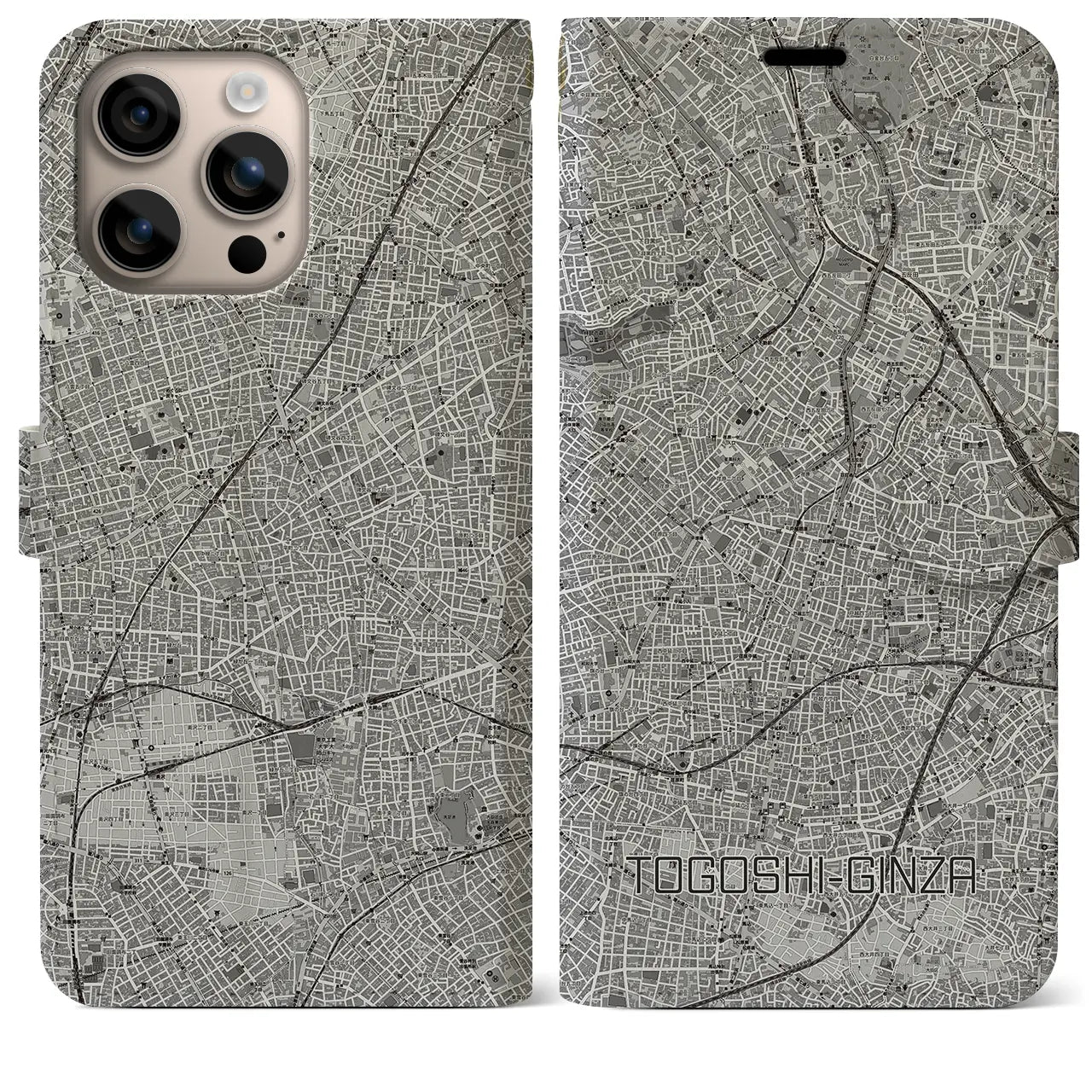 【戸越銀座(東京都)】地図柄iPhoneケース(手帳タイプ)モノトーン・iPhone 16 Plus 用
