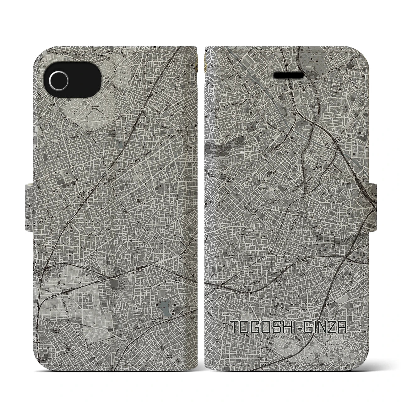 【戸越銀座(東京都)】地図柄iPhoneケース(手帳タイプ)モノトーン・iPhone SE(第3 / 第2世代) / 8 / 7 / 6s / 6 用
