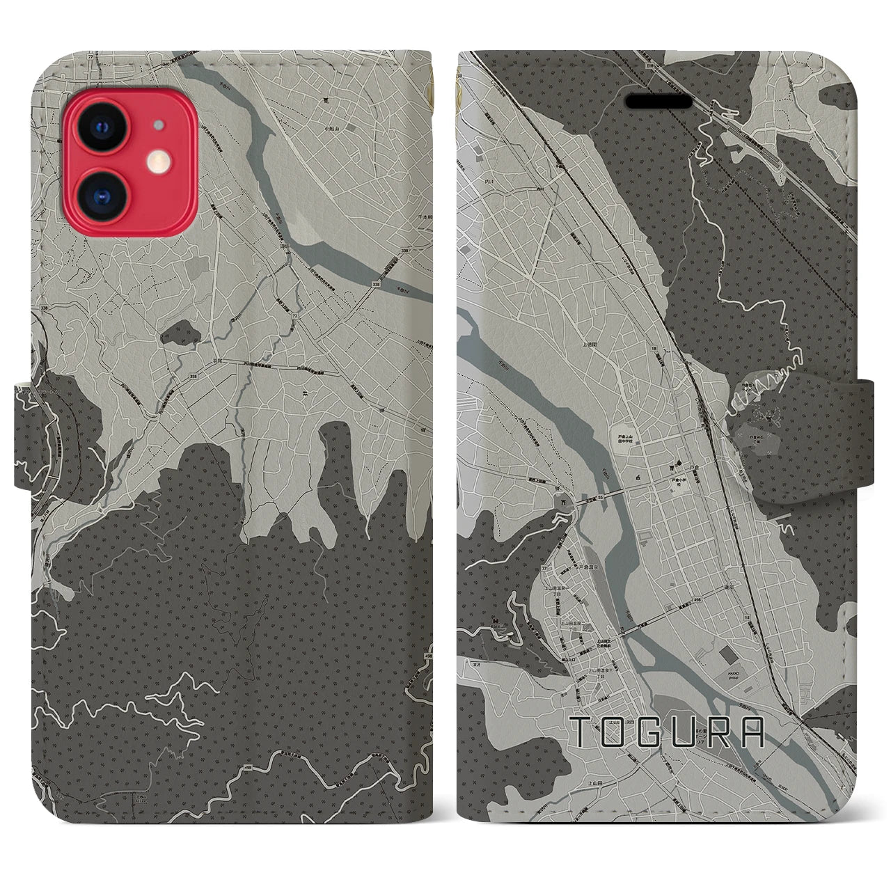 【戸倉(長野県)】地図柄iPhoneケース(手帳タイプ)モノトーン・iPhone 11 用