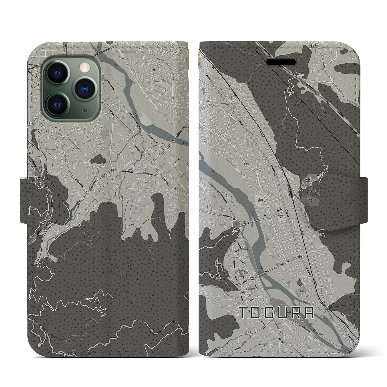 【戸倉(長野県)】地図柄iPhoneケース(手帳タイプ)モノトーン・iPhone 11 Pro 用