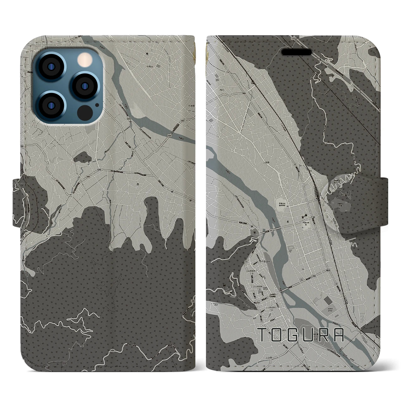 【戸倉(長野県)】地図柄iPhoneケース(手帳タイプ)モノトーン・iPhone 12 / 12 Pro 用