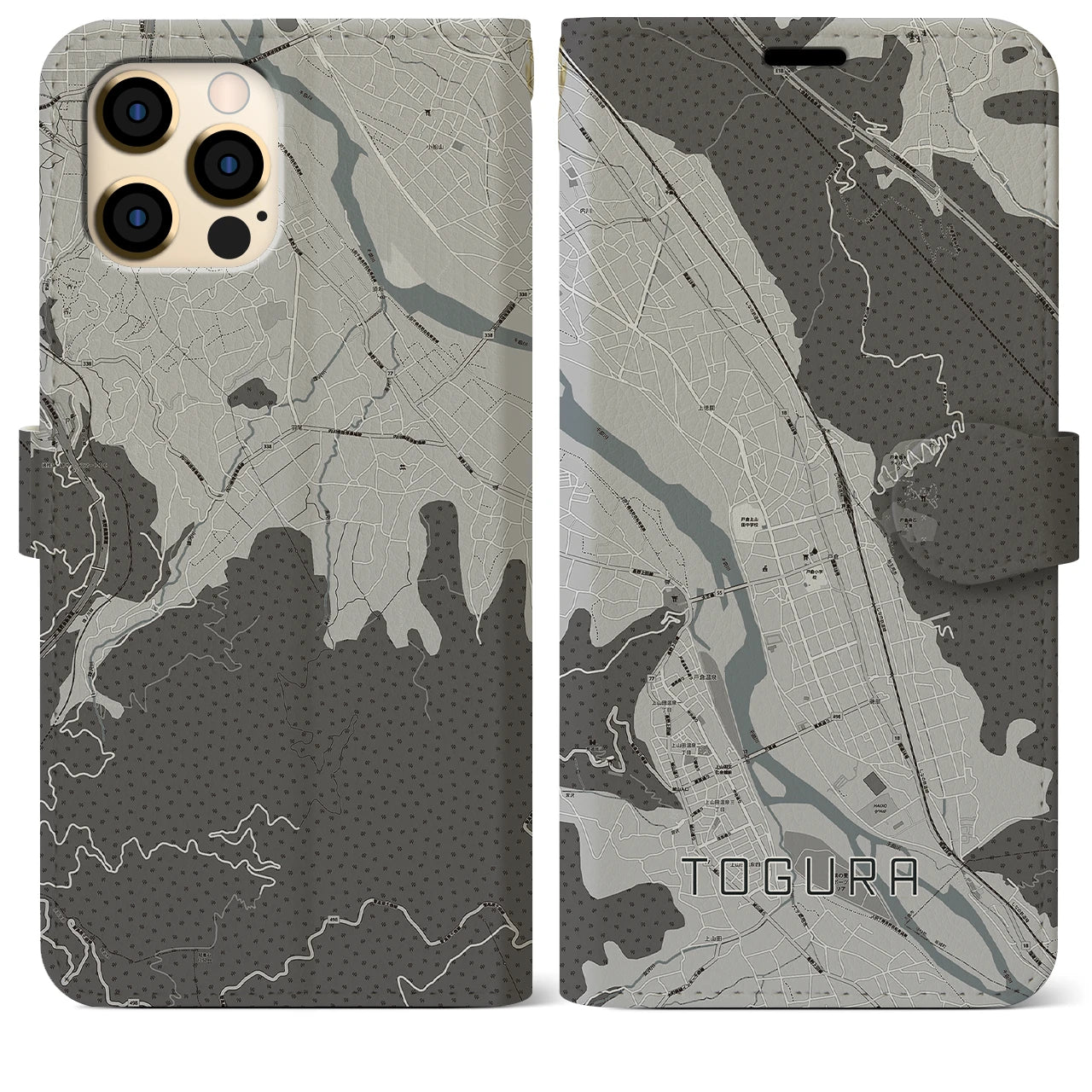 【戸倉(長野県)】地図柄iPhoneケース(手帳タイプ)モノトーン・iPhone 12 Pro Max 用