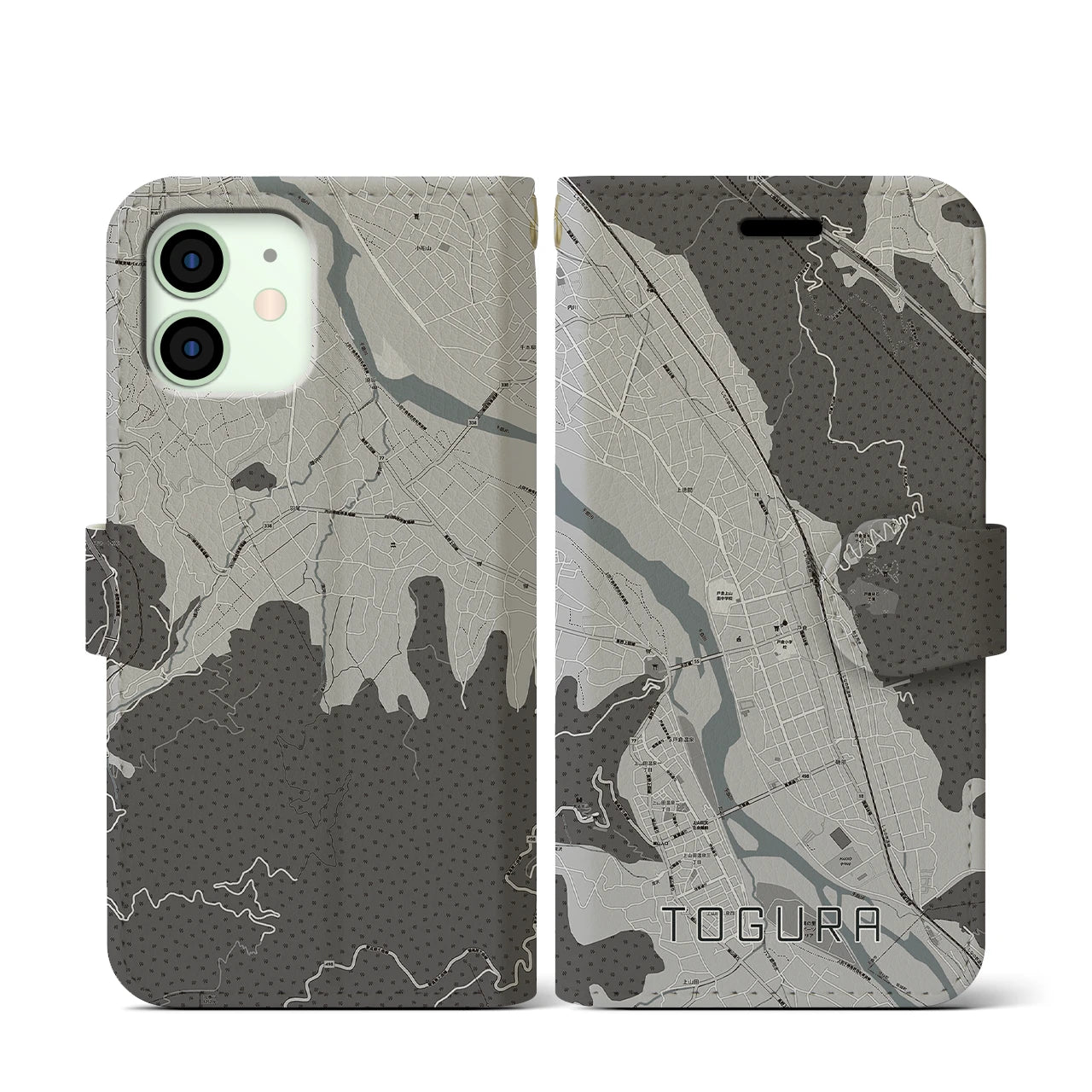 【戸倉(長野県)】地図柄iPhoneケース(手帳タイプ)モノトーン・iPhone 12 mini 用