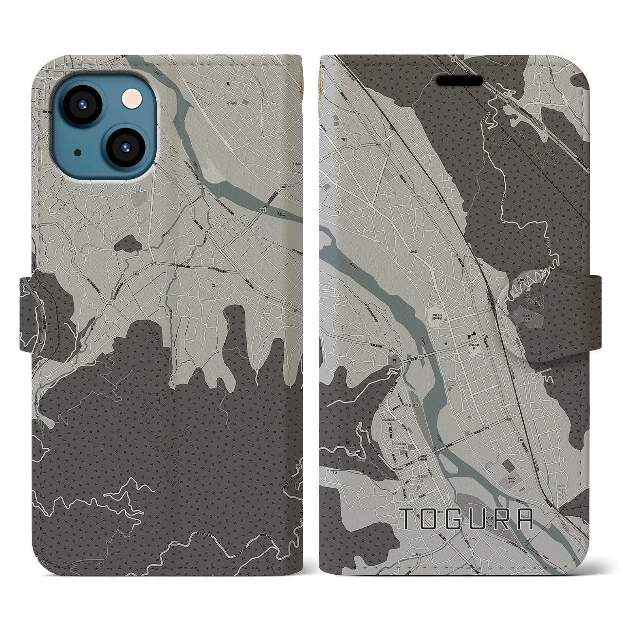 【戸倉(長野県)】地図柄iPhoneケース(手帳タイプ)モノトーン・iPhone 13 用