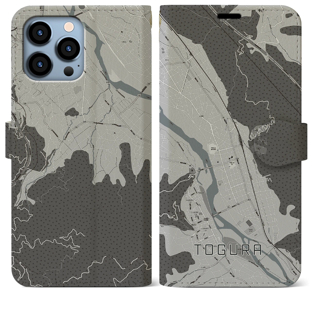 【戸倉(長野県)】地図柄iPhoneケース(手帳タイプ)モノトーン・iPhone 13 Pro Max 用