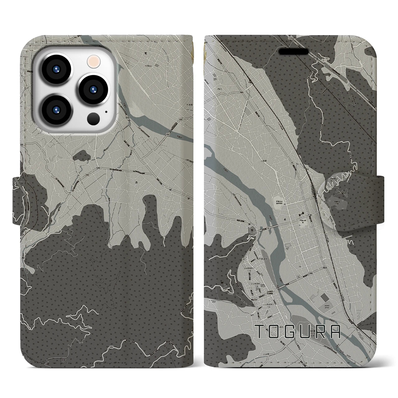 【戸倉(長野県)】地図柄iPhoneケース(手帳タイプ)モノトーン・iPhone 13 Pro 用