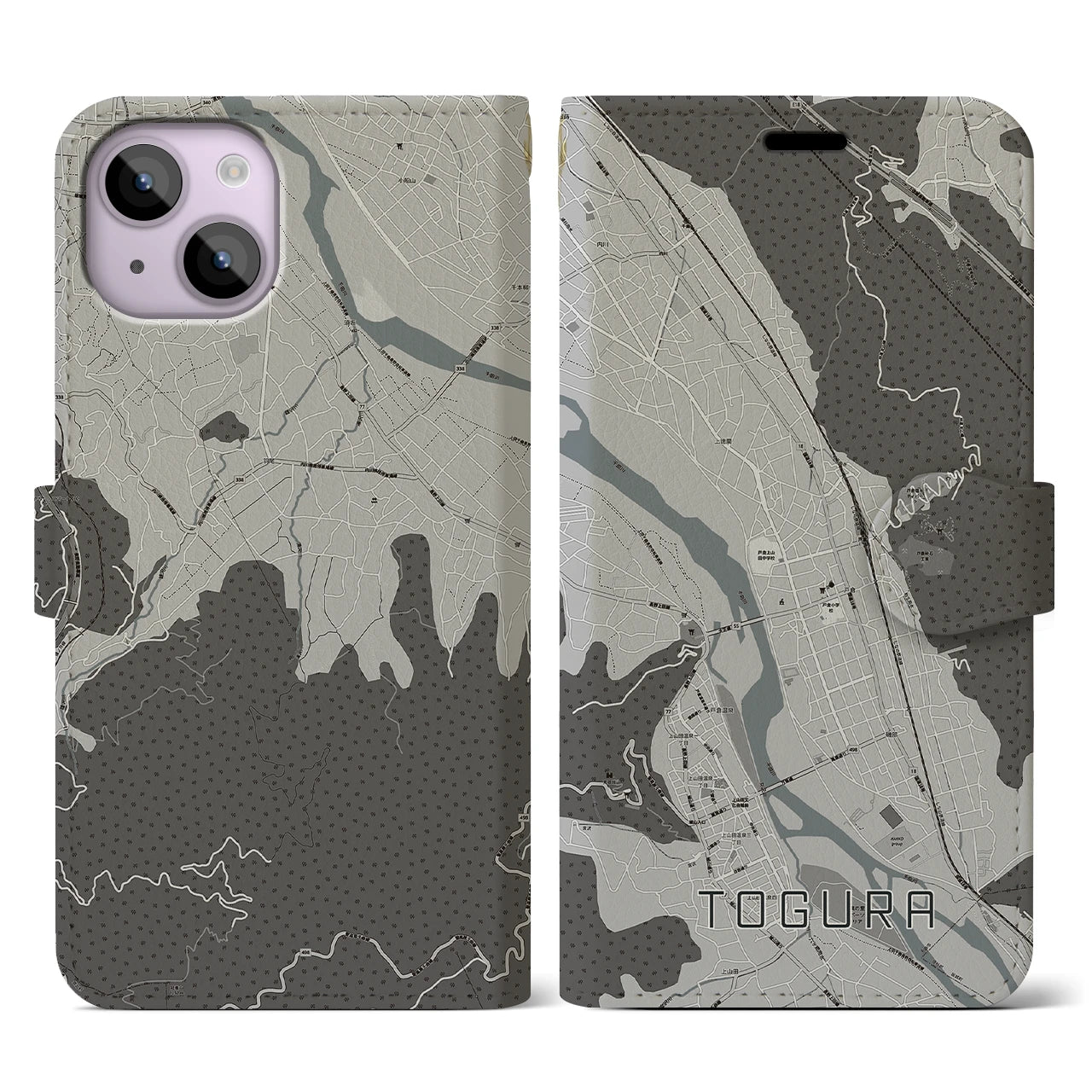 【戸倉(長野県)】地図柄iPhoneケース(手帳タイプ)モノトーン・iPhone 14 用