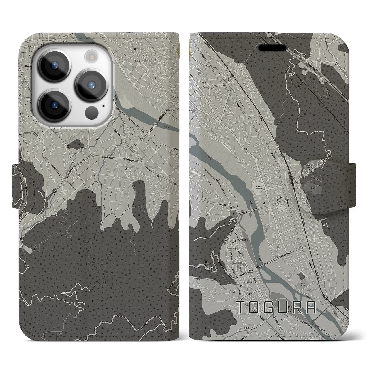 【戸倉(長野県)】地図柄iPhoneケース(手帳タイプ)モノトーン・iPhone 14 Pro 用