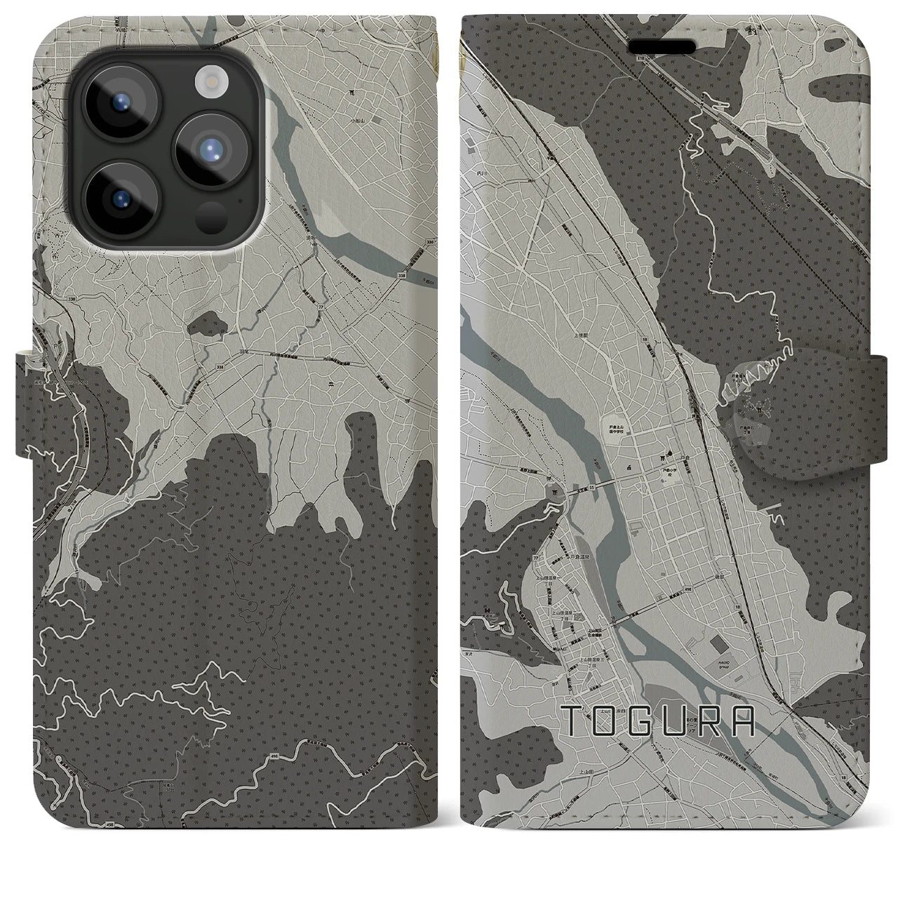 【戸倉(長野県)】地図柄iPhoneケース(手帳タイプ)モノトーン・iPhone 15 Pro Max 用