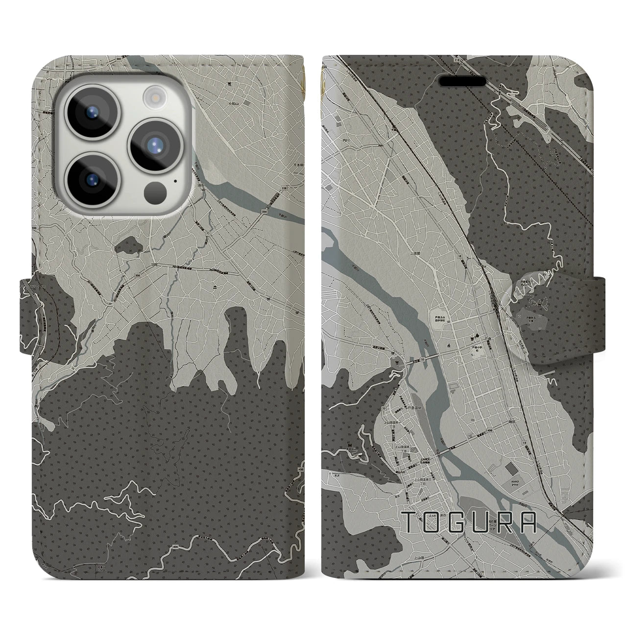 【戸倉(長野県)】地図柄iPhoneケース(手帳タイプ)モノトーン・iPhone 15 Pro 用