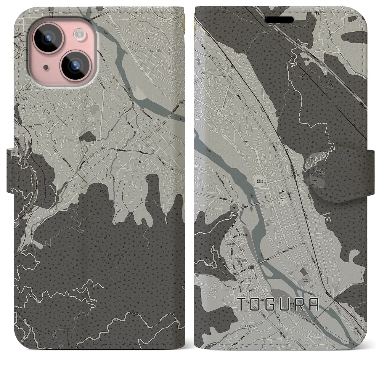 【戸倉(長野県)】地図柄iPhoneケース(手帳タイプ)モノトーン・iPhone 15 Plus 用