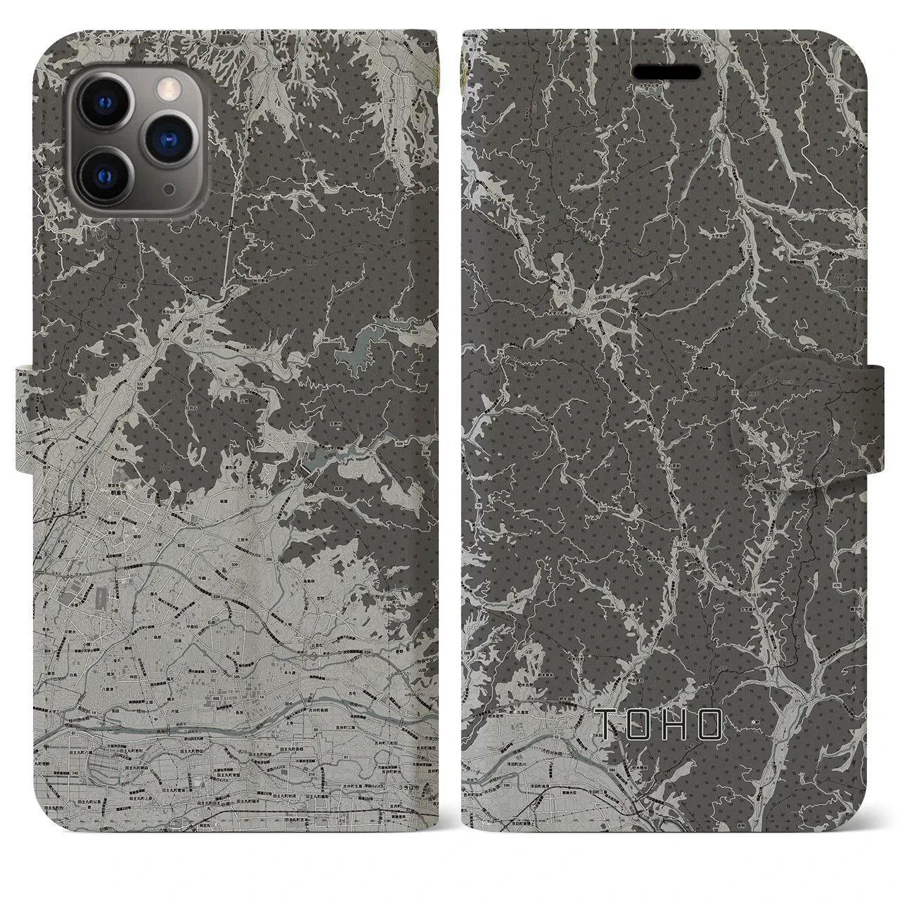 【東峰(福岡県)】地図柄iPhoneケース(手帳タイプ)モノトーン・iPhone 11 Pro Max 用