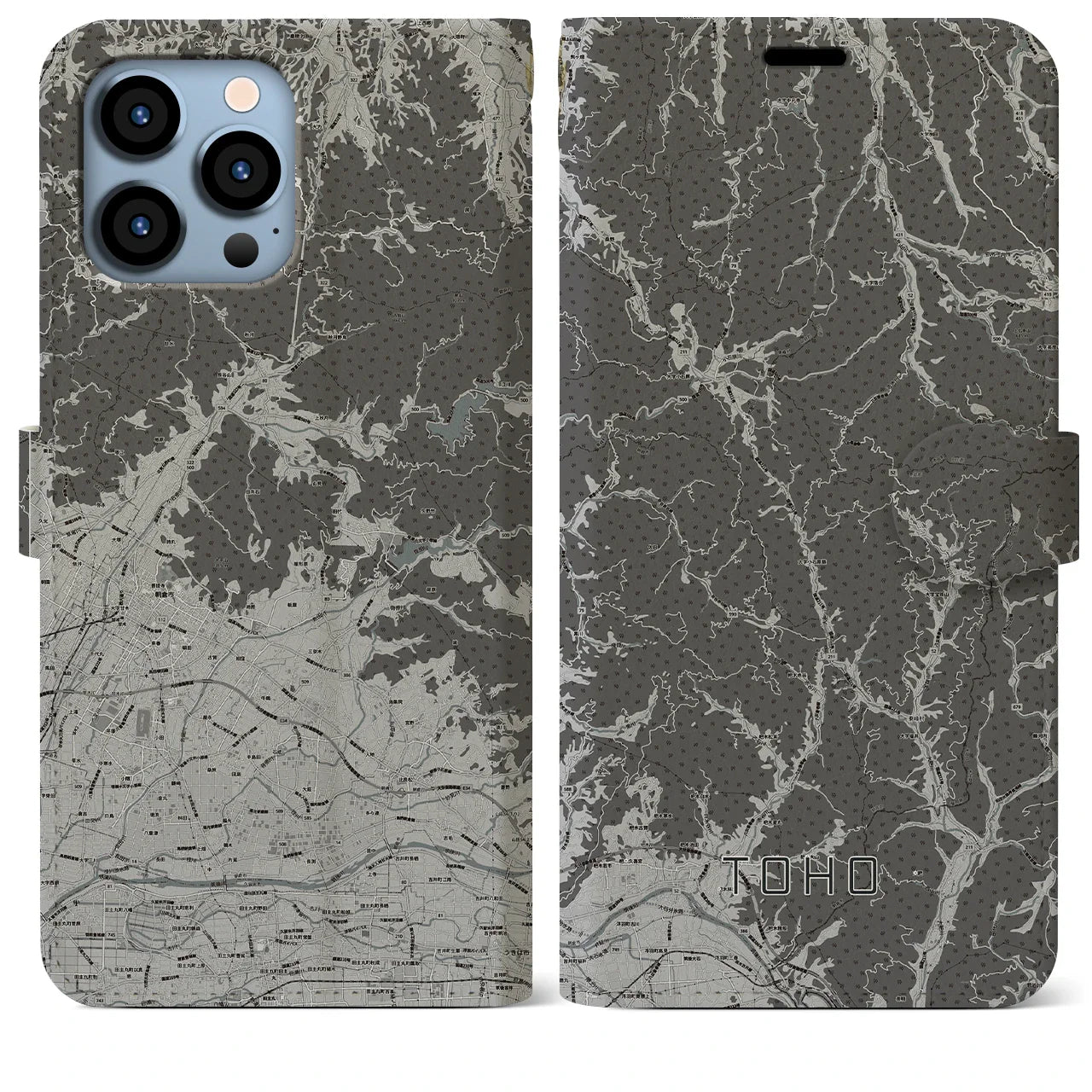 【東峰(福岡県)】地図柄iPhoneケース(手帳タイプ)モノトーン・iPhone 13 Pro Max 用