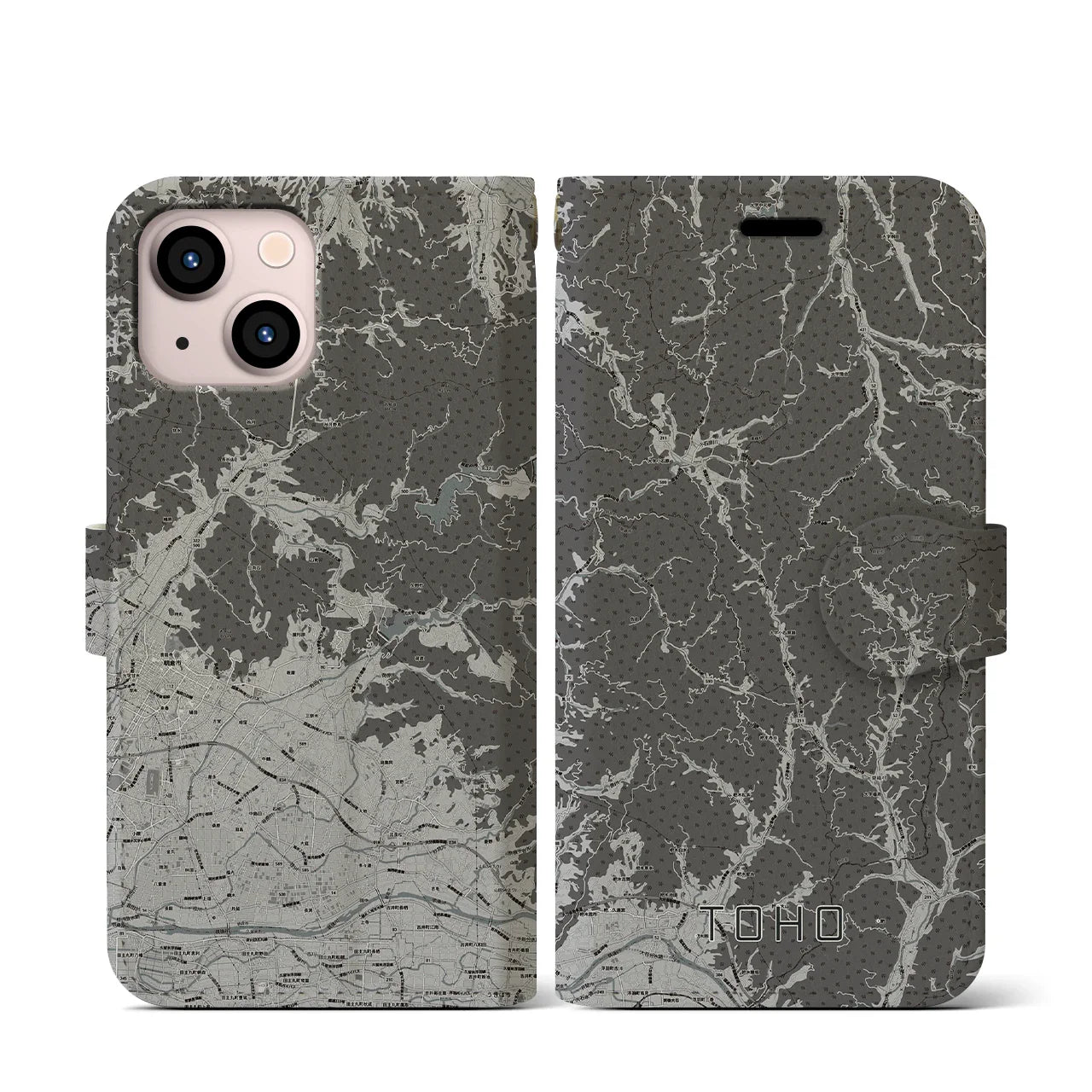 【東峰(福岡県)】地図柄iPhoneケース(手帳タイプ)モノトーン・iPhone 13 mini 用