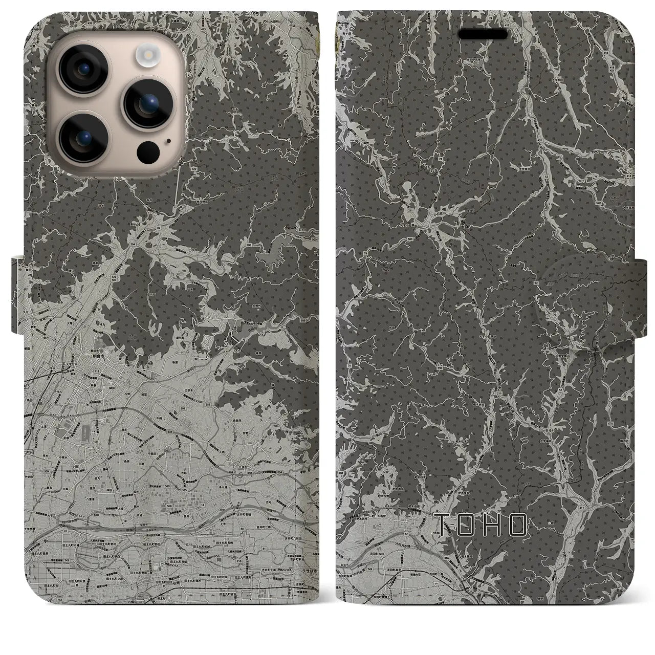 【東峰(福岡県)】地図柄iPhoneケース(手帳タイプ)モノトーン・iPhone 16 Plus 用
