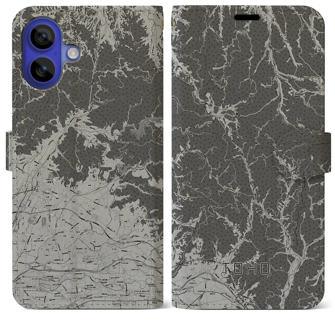 【東峰(福岡県)】地図柄iPhoneケース(手帳タイプ)モノトーン・iPhone 16 Pro Max 用