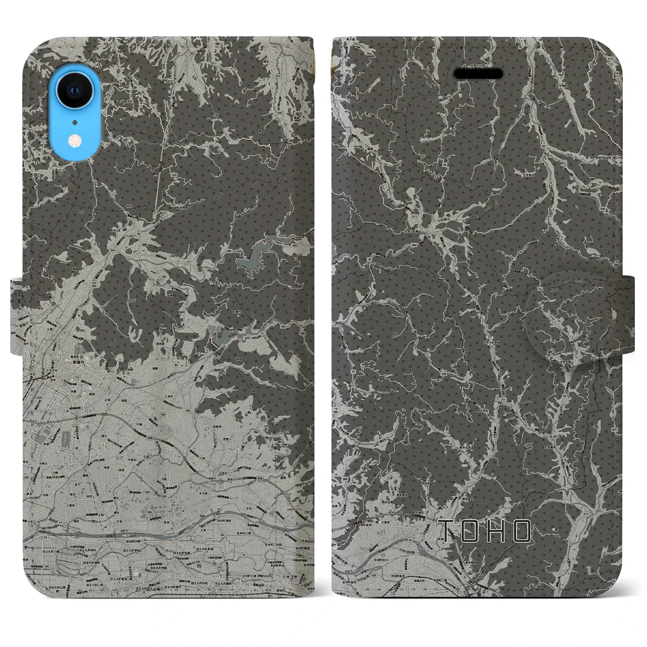 【東峰(福岡県)】地図柄iPhoneケース(手帳タイプ)モノトーン・iPhone XR 用