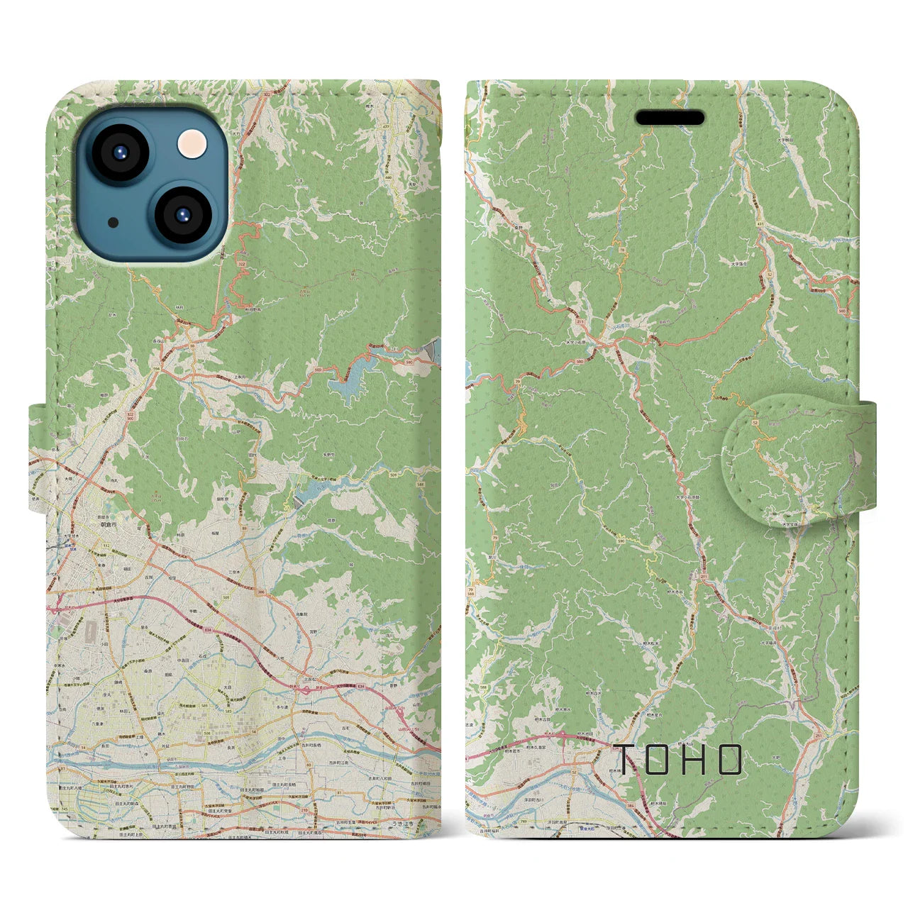 【東峰(福岡県)】地図柄iPhoneケース(手帳タイプ)ナチュラル・iPhone 13 用