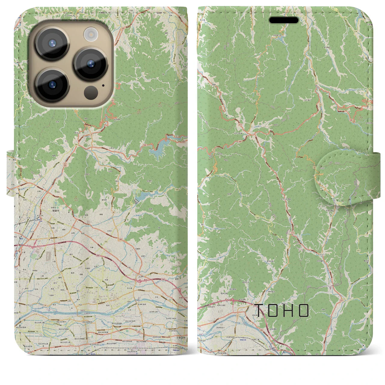 【東峰(福岡県)】地図柄iPhoneケース(手帳タイプ)ナチュラル・iPhone 14 Pro Max 用