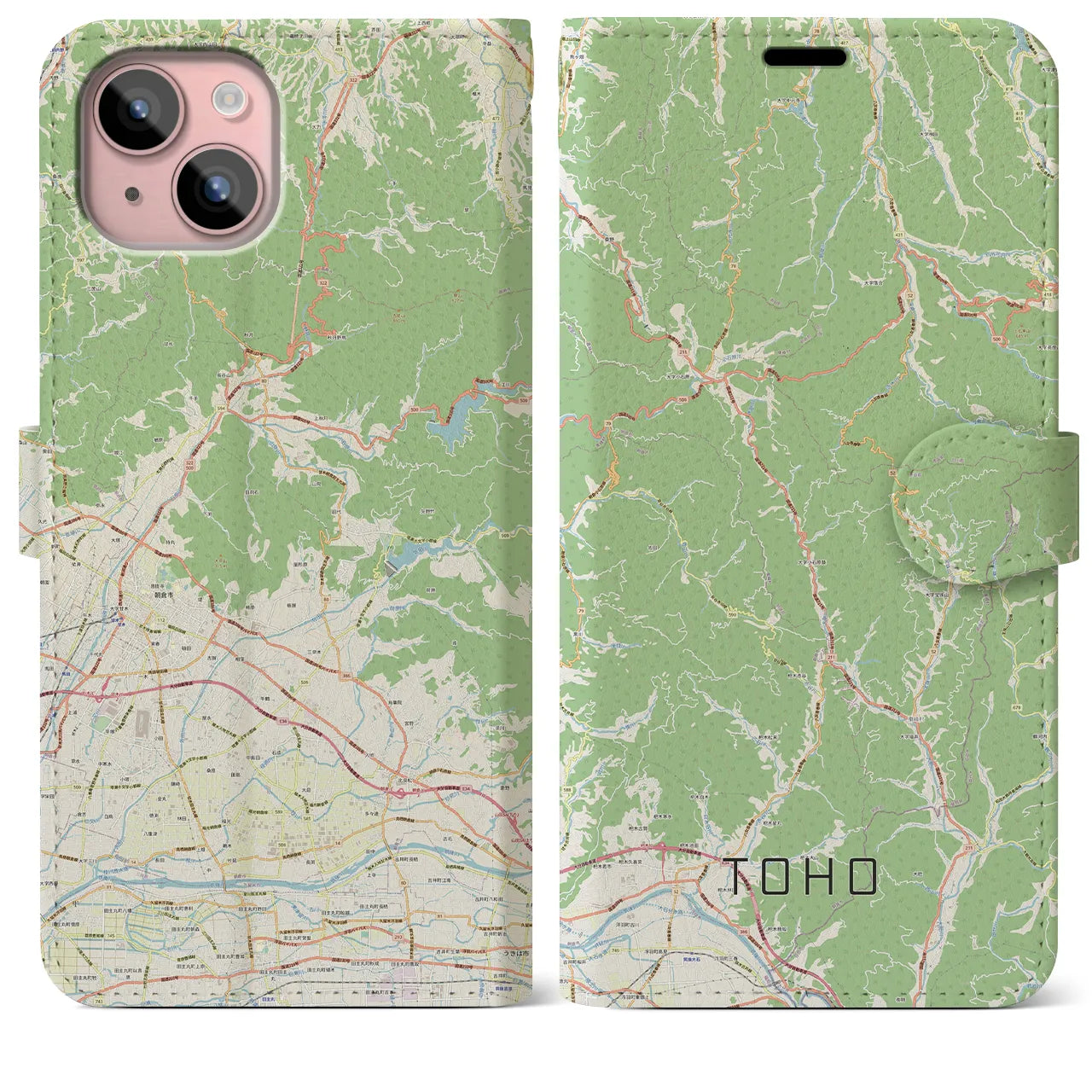 【東峰(福岡県)】地図柄iPhoneケース(手帳タイプ)ナチュラル・iPhone 15 Plus 用