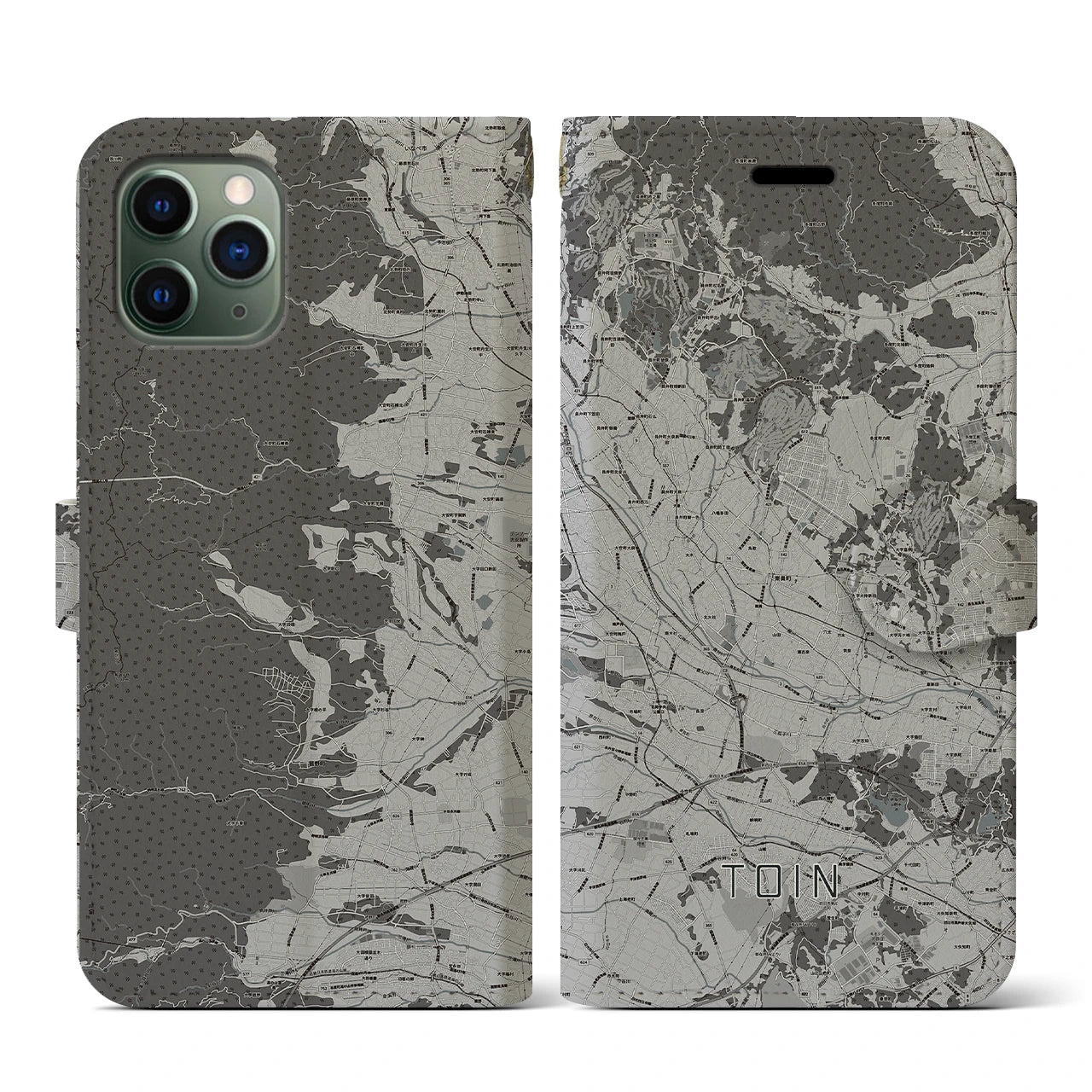 【東員(三重県)】地図柄iPhoneケース(手帳タイプ)モノトーン・iPhone 11 Pro 用