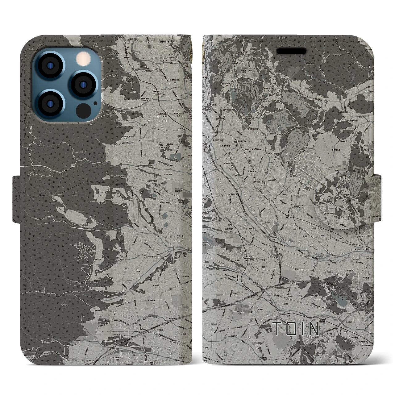 【東員(三重県)】地図柄iPhoneケース(手帳タイプ)モノトーン・iPhone 12 / 12 Pro 用